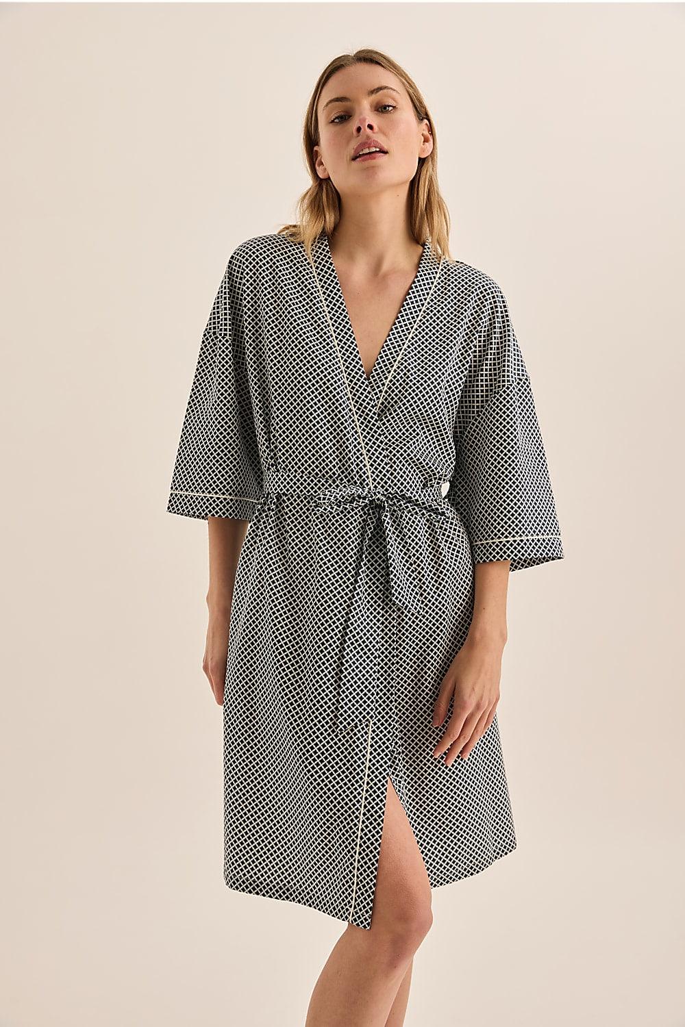 Indigo Navy Diamond Cotton Robe - Gingerlilly Sleepwear