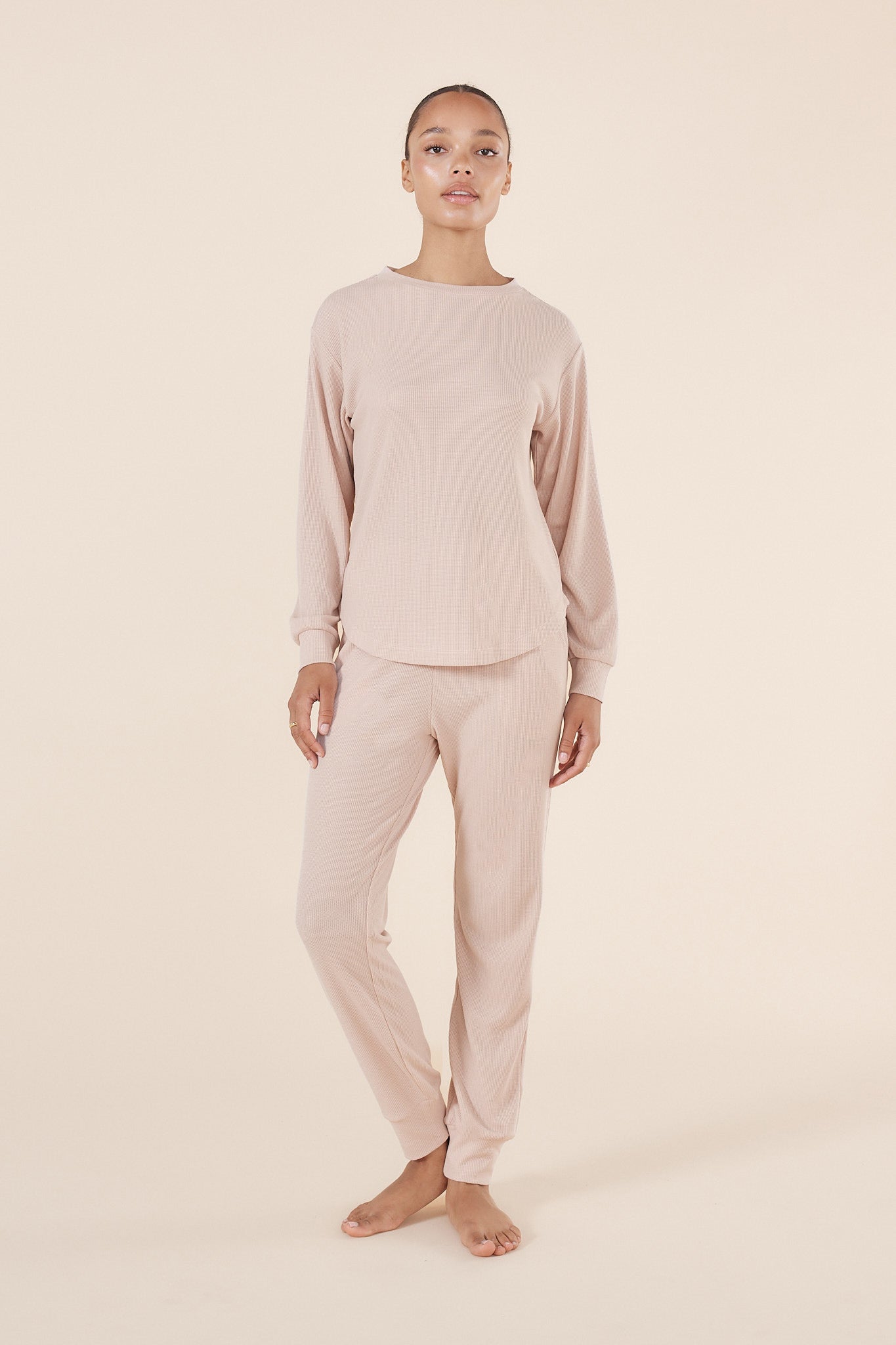 Lainey Beige Waffle Pyjama Set - Gingerlilly Sleepwear