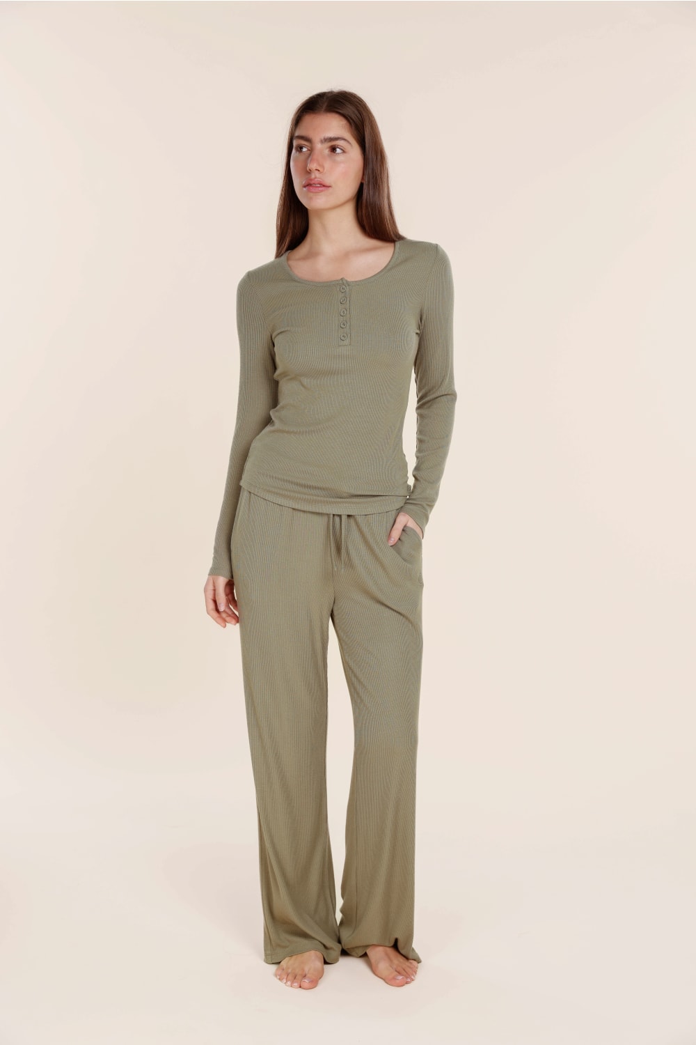 Gingerlilly Lille Ribbed Long Sleeve Henley Top - Olive - Front