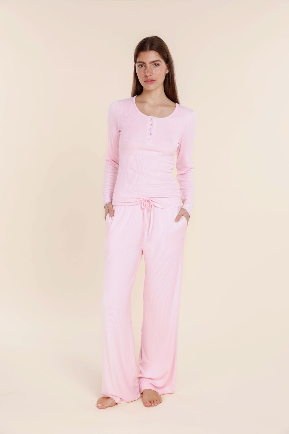 Gingerlilly Lille Ribbed Long Sleeve Henley Top - Pink - Front
