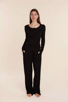 Gingerlilly Lille Ribbed Long Sleeve Henley Top - Black - Front