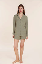 Gingerlilly London Ribbed Long Sleeve Button Up PJ Top - Olive - Front