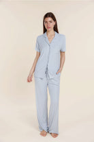 Gingerlilly Lyon Ribbed Short Sleeve Button Up Top - Powder Blue - Front