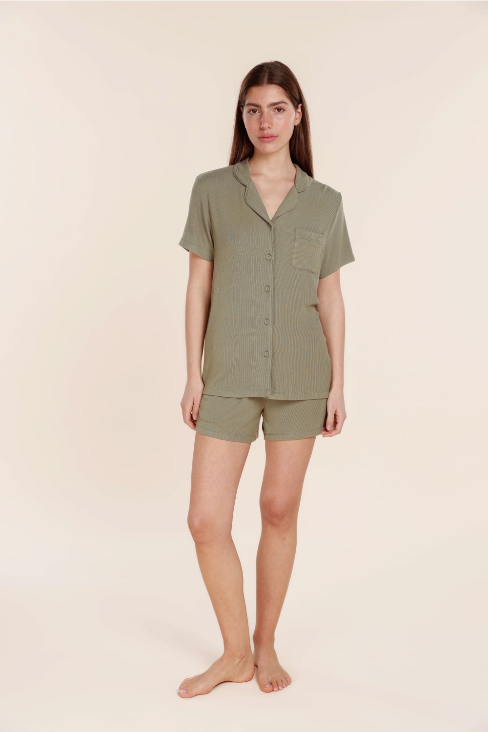 Gingerlilly Lyon Ribbed Short Sleeve Button Up Top - Olive - Front