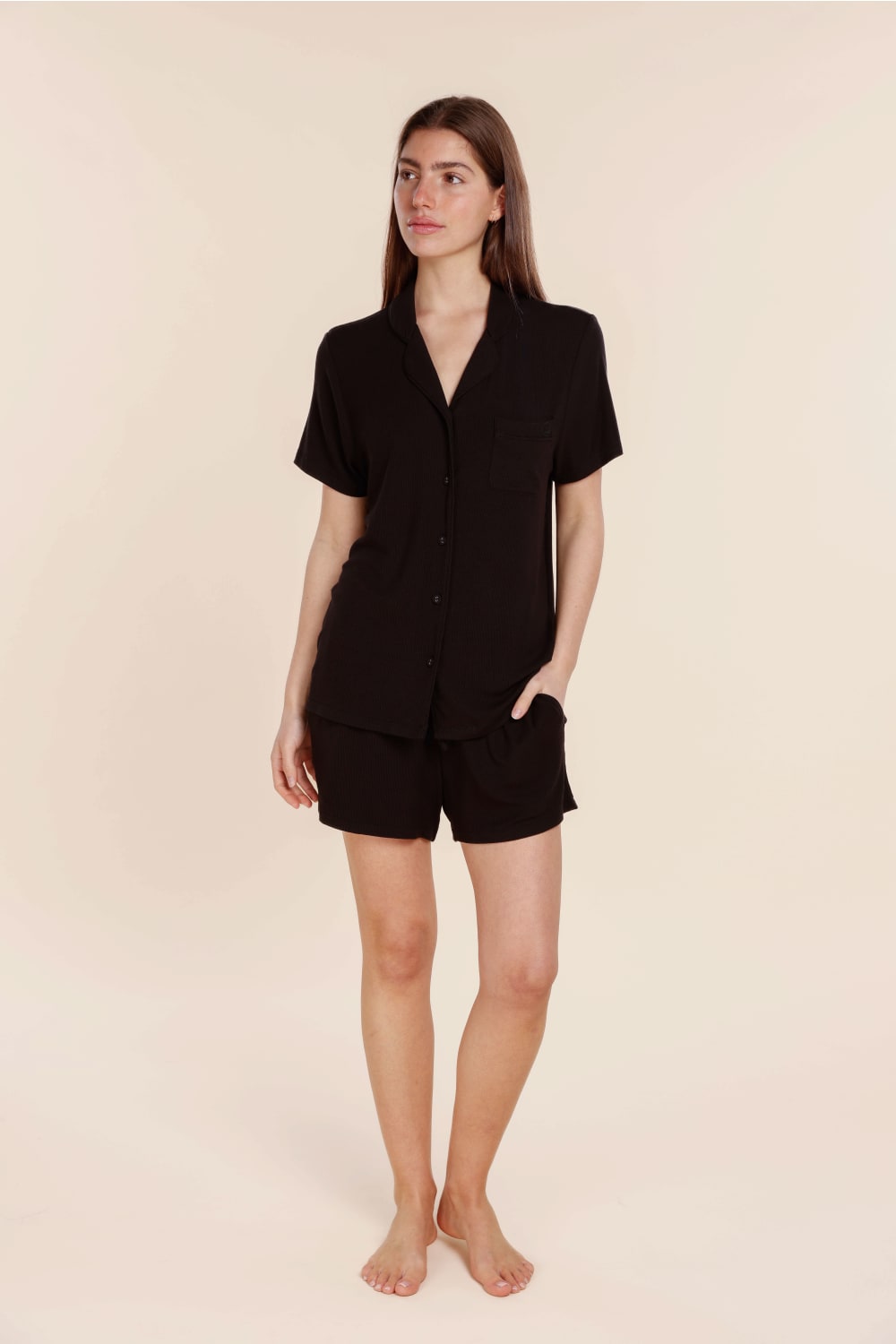 Gingerlilly Lyon Ribbed Short Sleeve Button Up Top - Black - Front