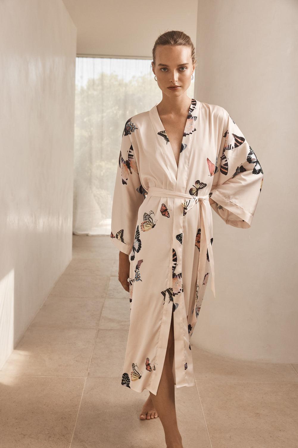 Nakita Butterfly Silky Satin Robe - Gingerlilly Sleepwear