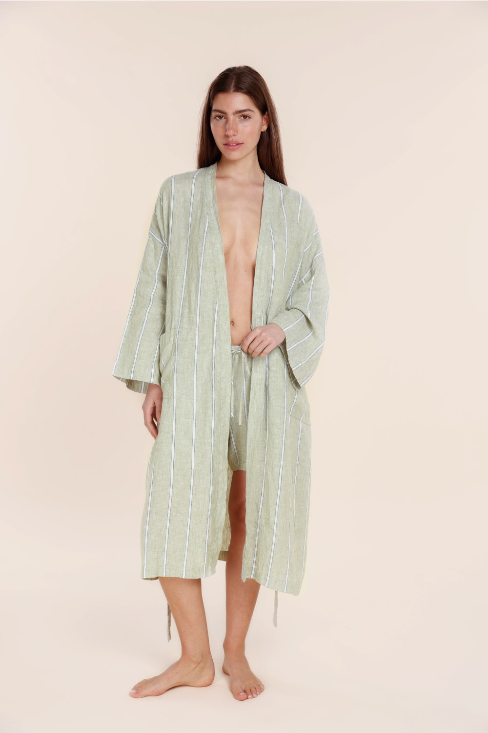 Gingerlilly Rosalind Linen Robe - Olive Stripe - Front alt