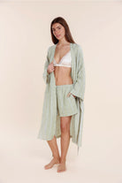 Gingerlilly Rosalind Linen Robe - Olive Stripe - Styled