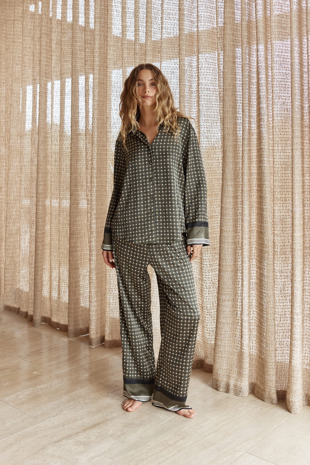 Gingerlilly Scarlett Printed Silky Satin PJ Set - Olive - Lifestyle