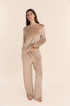 Gingerlilly Thea Velour Long Lounge Set - Beige - Front