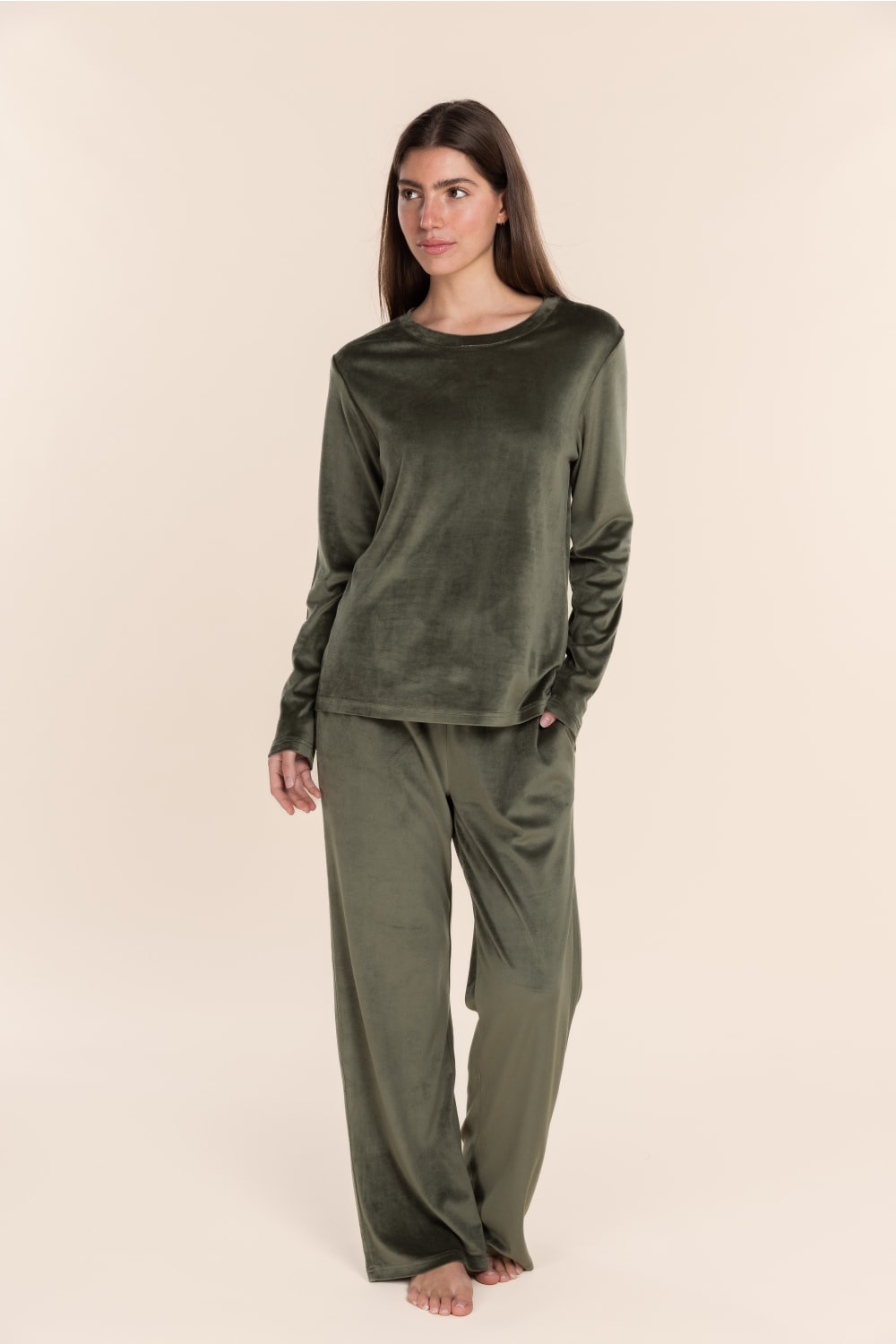 Thea Velour Lounge Set Olive | Soft Velour Lounge Set for Women