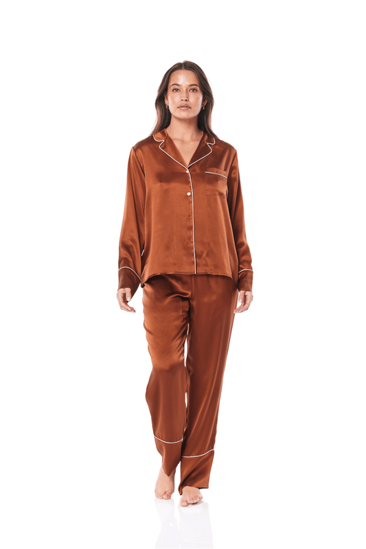 Titiana Brown Satin Long PJ - Gingerlilly Sleepwear