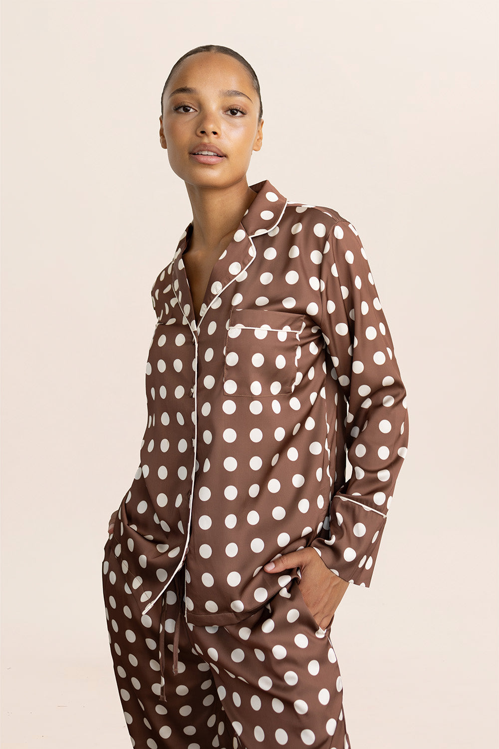 Carlotta Brown Polka Dot Pjs – Long Sleeve & Wide Leg | Gingerlilly