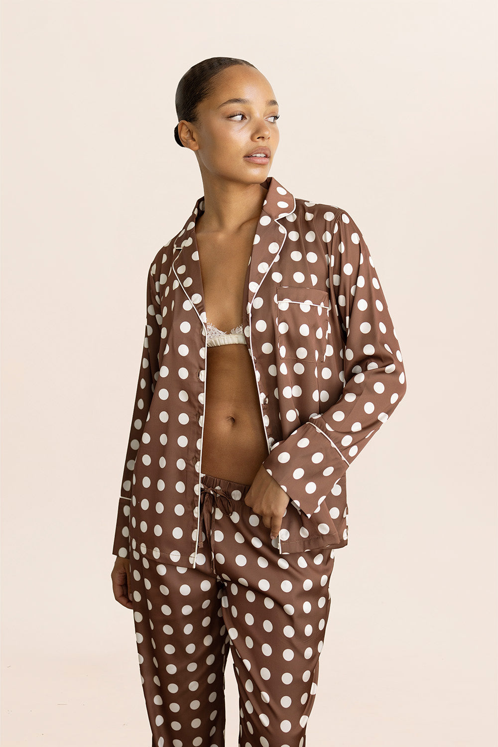 Carlotta Brown Polka Dot Pjs – Long Sleeve & Wide Leg | Gingerlilly