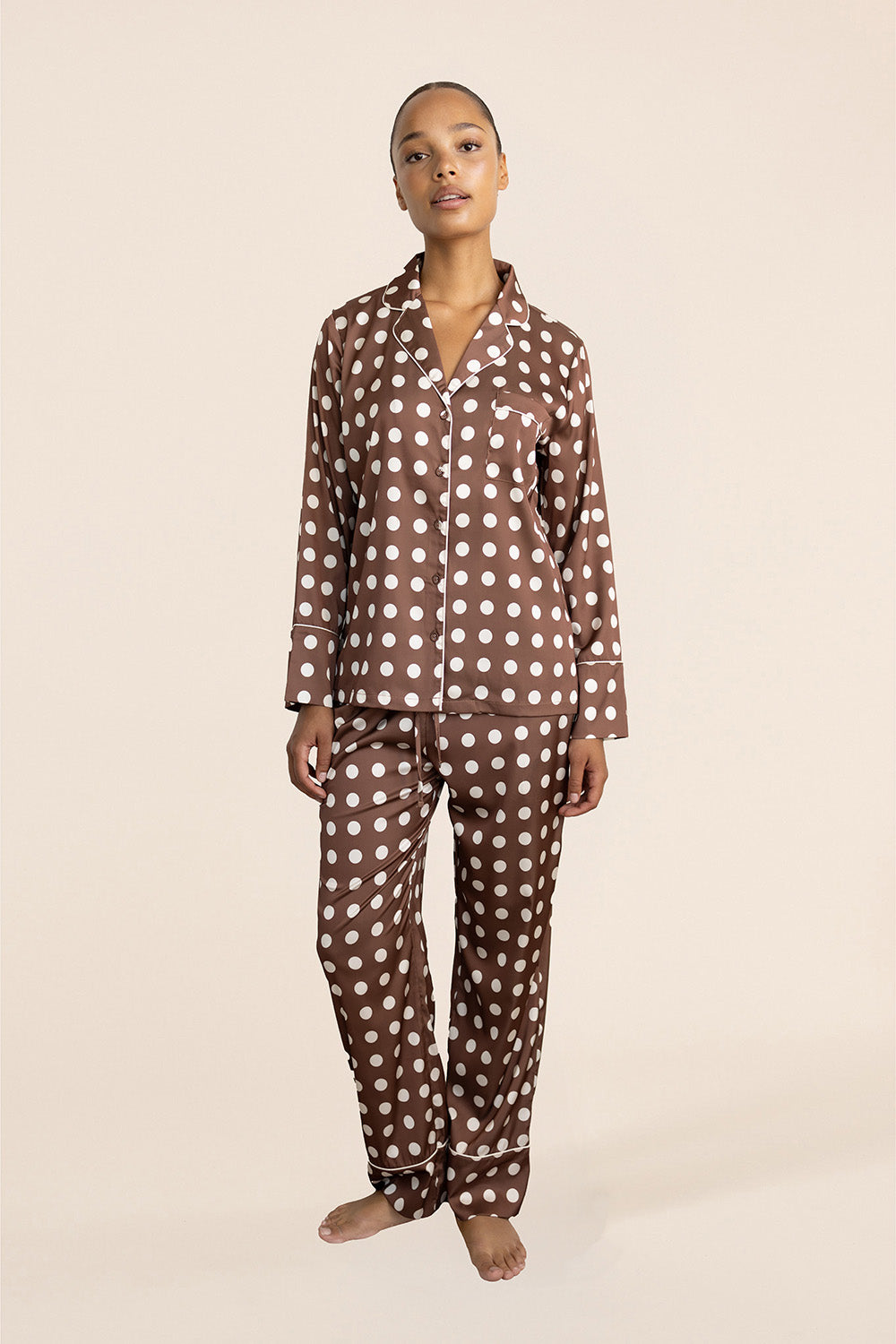 Carlotta Brown Polka Dot Pjs – Long Sleeve & Wide Leg | Gingerlilly