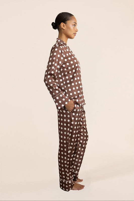 Carlotta Brown Polka Dot Pjs – Long Sleeve & Wide Leg | Gingerlilly