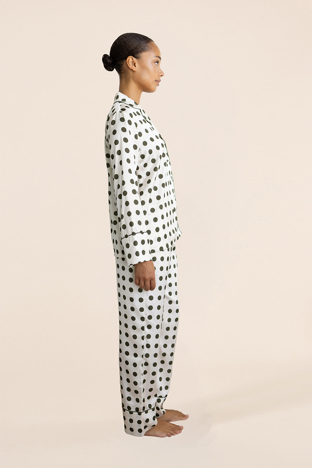 Carlotta Olive Polka Dot Pyjama Set – Long Sleeve & Wide Leg | Gingerlilly