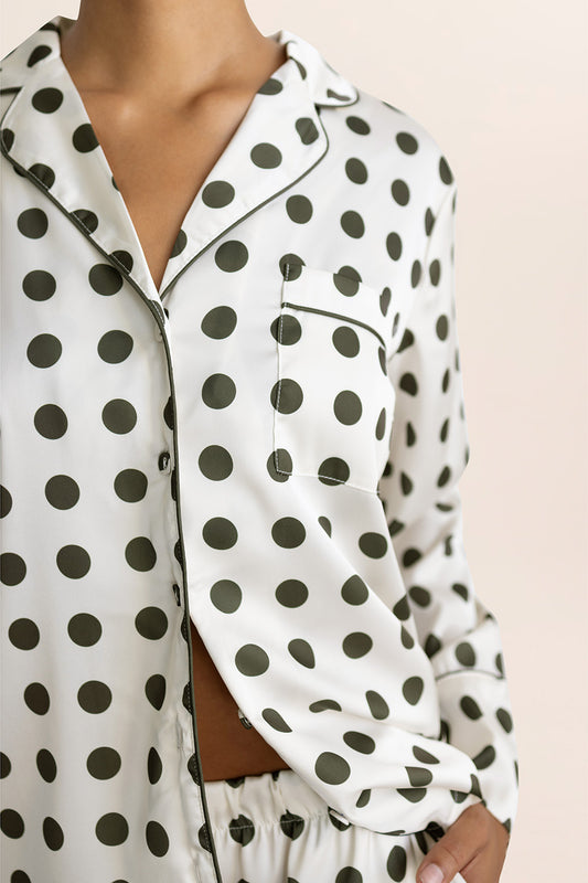 Carlotta Olive Polka Dot Pyjama Set – Long Sleeve & Wide Leg | Gingerlilly