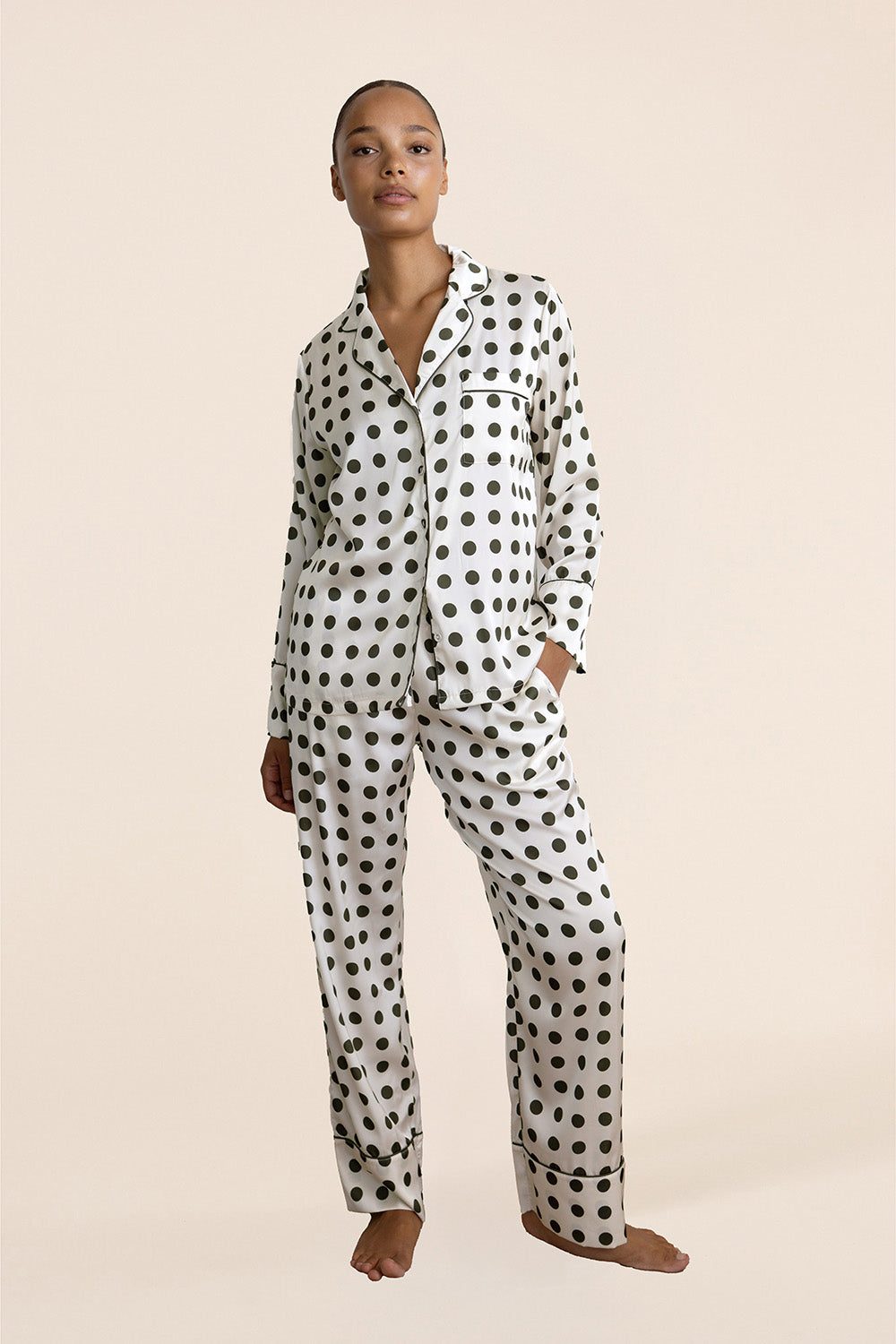 Carlotta Olive Polka Dot Pyjama Set – Long Sleeve & Wide Leg | Gingerlilly