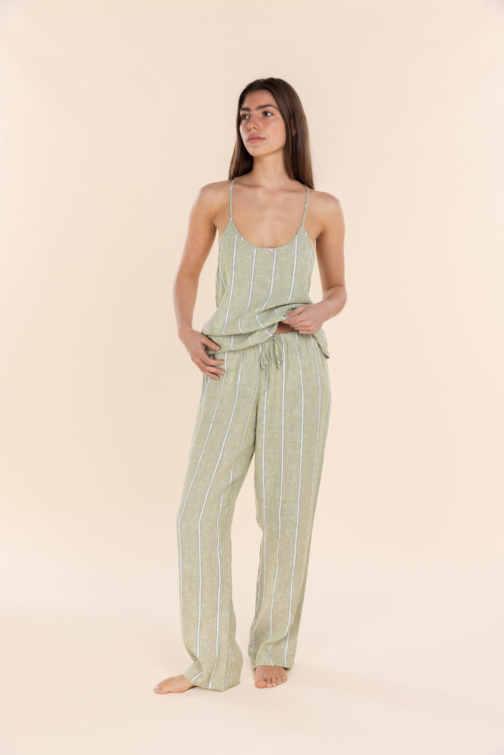 Gingerlilly Zoey Long Linen Pants - Olive Stripe - Front